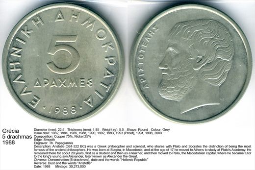 Grecia - Drachma 5 - 1988 - G6 A3 H02 L5C2
