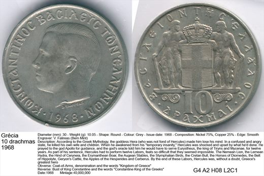 Grecia - Drachma 10 - 1968 - G4 A2 H08 L2C1