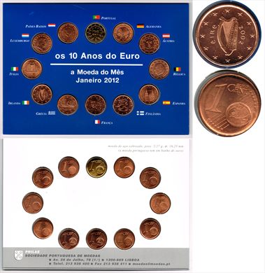 Irlanda - Euro Cent 1 - 2002 - 10 anos do Euro Moeda do mes Janeiro 2012