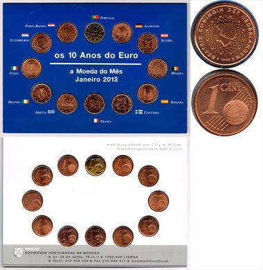 Paises Baixos - Euro Cent 1 - 1999 - 10 anos do Euro Moeda do mes Janeiro 2012