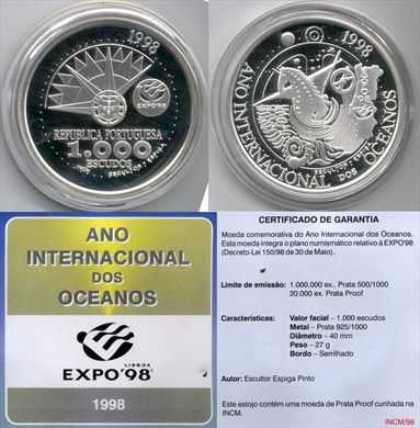 Portugal - Escudo 1000 - 1998 (Ano Intl. dos Oceanos) proof prata