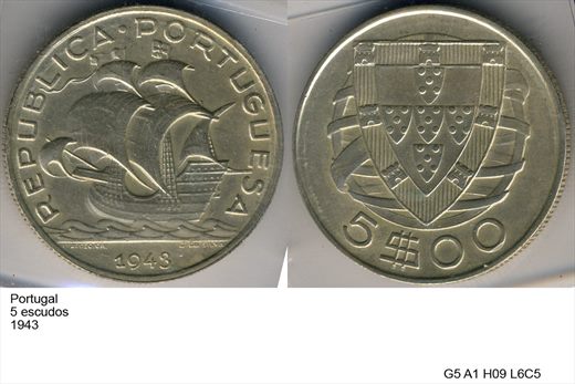 Portugal - Escudo 5 - 1943 - G5 A1 H09 L6C5