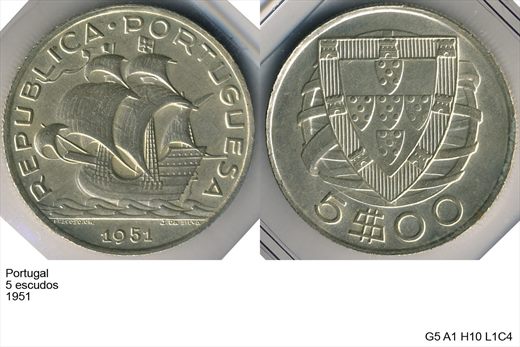 Portugal - Escudo 5 - 1951 - G5 A1 H10 L1C4