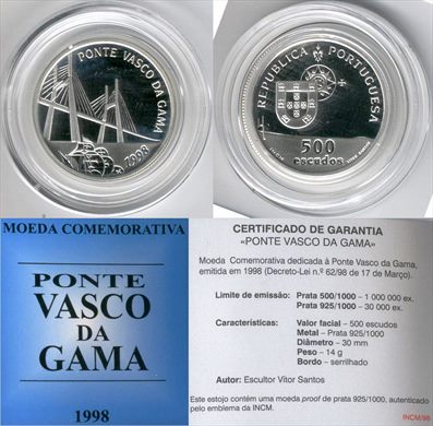 Portugal - Escudo 500 - 1998 (Ponte Vasca da Gama) proof prata