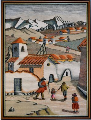 Quadro textil paisagem de montanha e aldeia 140x104cm