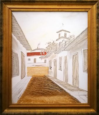 Pintura rua com casas brancas e igreja 73x63cm