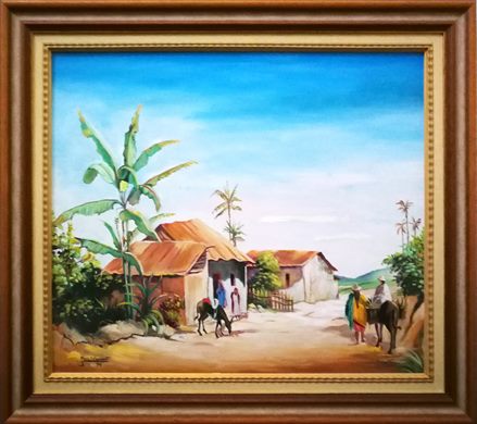 Pintura paisagem rural com cavalos 62x71cm