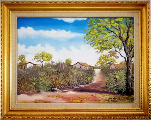 Pintura paisagem rural com casas
