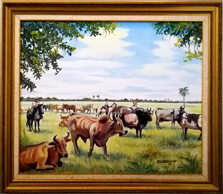 Pintura pastoril com gado