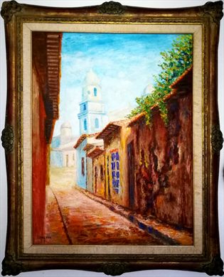 Pintura rua colorida com igreja